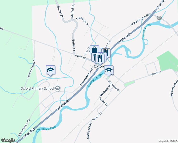 map of restaurants, bars, coffee shops, grocery stores, and more near 16-30 S Washington Ave in Oxford