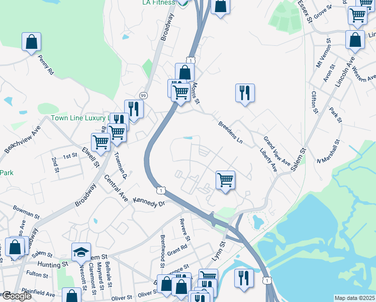 map of restaurants, bars, coffee shops, grocery stores, and more near 21 Quarry Lane in Malden