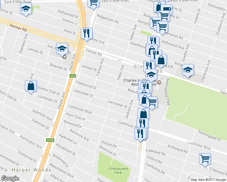 map of restaurants, bars, coffee shops, grocery stores, and more near 2100 Fleetwood Drive in Grosse Pointe Woods