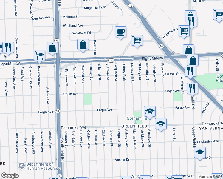 map of restaurants, bars, coffee shops, grocery stores, and more near 17098-16900 Trojan Avenue in Detroit