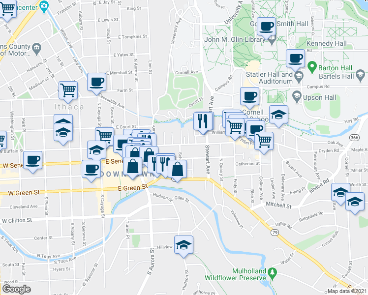 map of restaurants, bars, coffee shops, grocery stores, and more near 503 East Buffalo Street in Ithaca