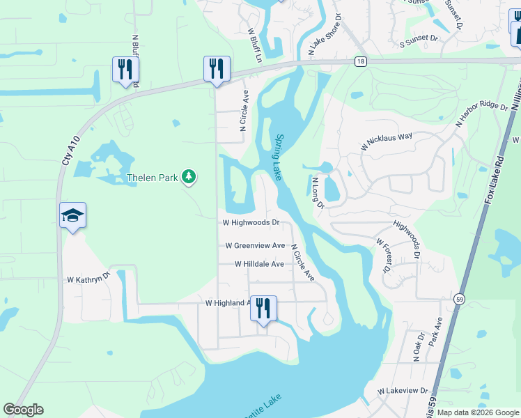 map of restaurants, bars, coffee shops, grocery stores, and more near 25380 West Highwoods Drive in Antioch