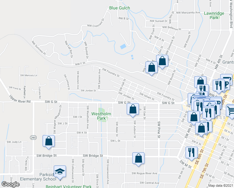 map of restaurants, bars, coffee shops, grocery stores, and more near 1303 Southwest Jordan Street in Grants Pass