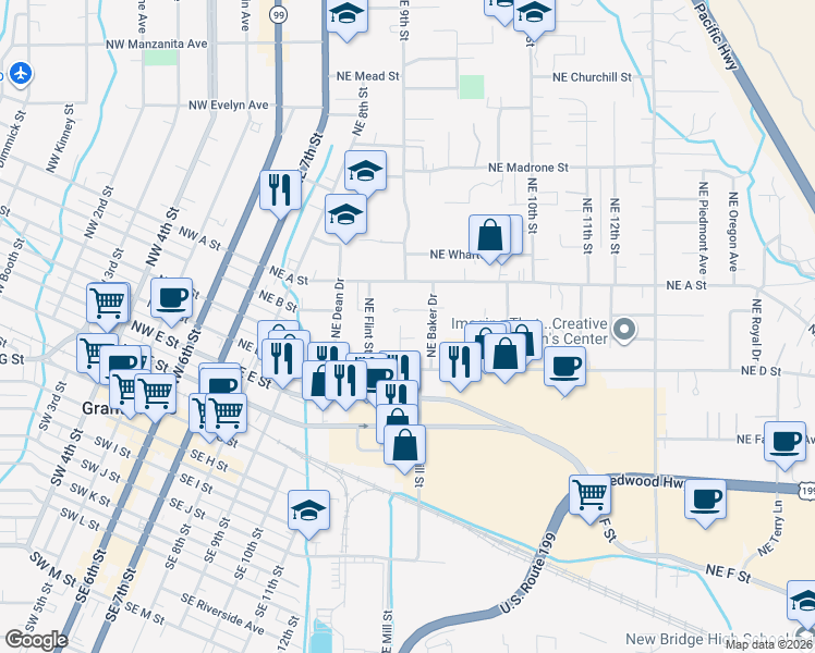 map of restaurants, bars, coffee shops, grocery stores, and more near 418 Northeast Candy Lane in Grants Pass