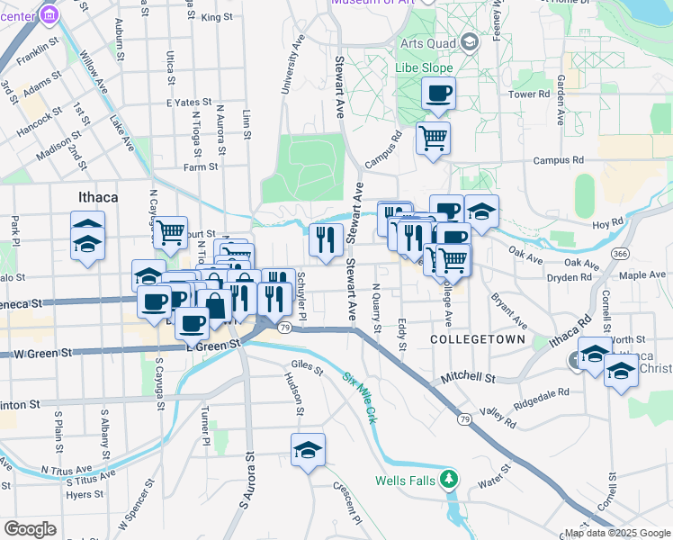 map of restaurants, bars, coffee shops, grocery stores, and more near 523 East Buffalo Street in Ithaca