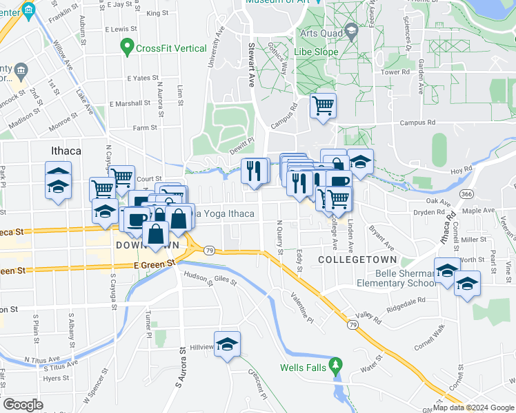 map of restaurants, bars, coffee shops, grocery stores, and more near 210 Stewart Avenue in Ithaca