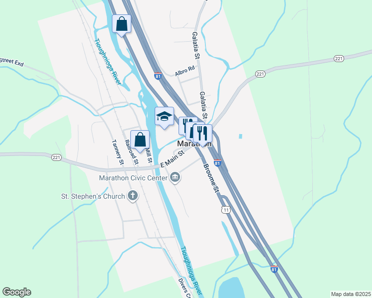map of restaurants, bars, coffee shops, grocery stores, and more near 28 East Main Street in Marathon