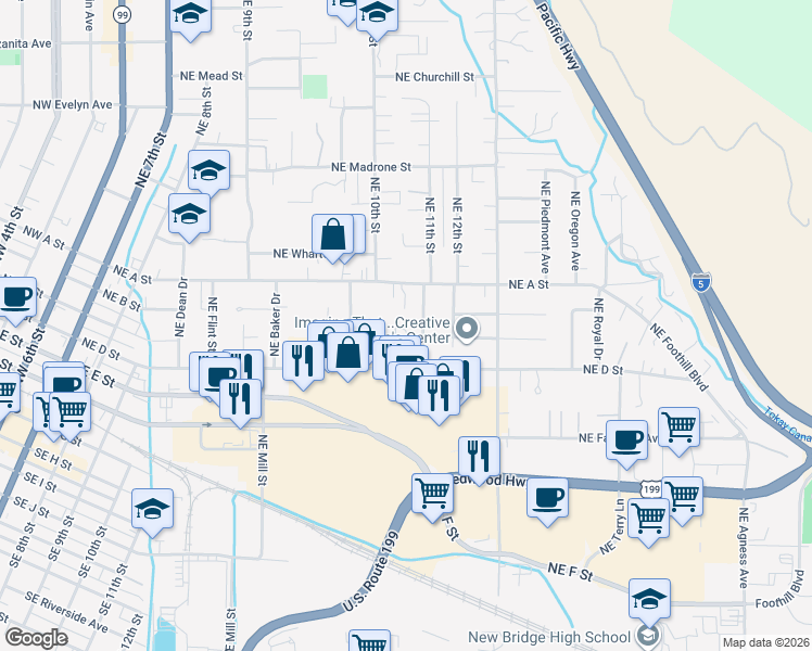 map of restaurants, bars, coffee shops, grocery stores, and more near 408 Northeast Silverwood Place in Grants Pass
