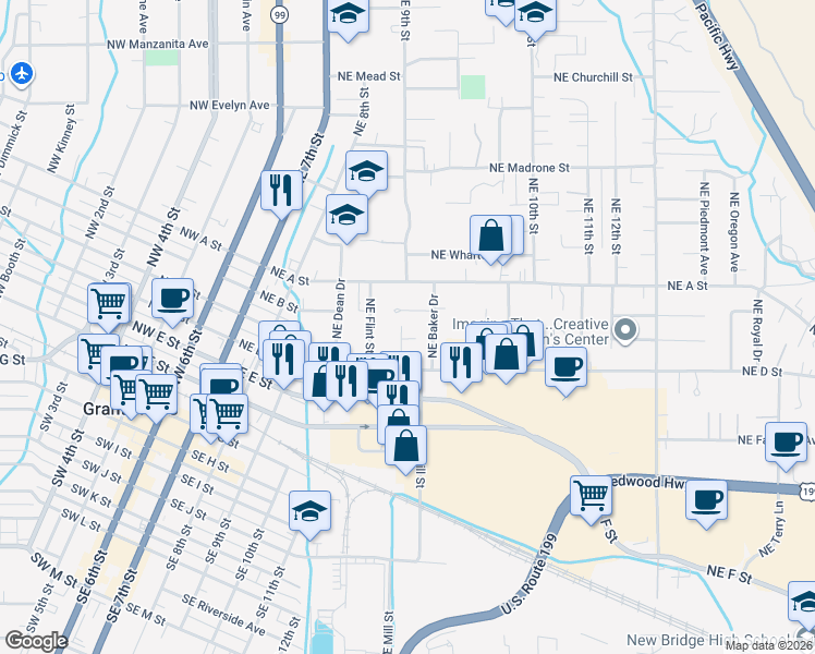 map of restaurants, bars, coffee shops, grocery stores, and more near 418 Northeast Candy Lane in Grants Pass