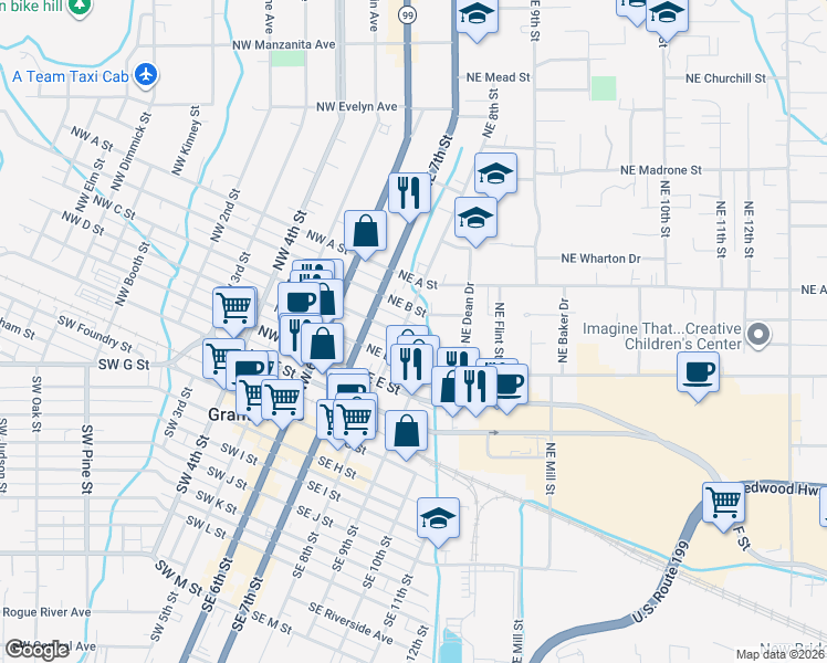 map of restaurants, bars, coffee shops, grocery stores, and more near 309 Northeast C Street in Grants Pass
