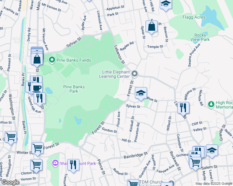 map of restaurants, bars, coffee shops, grocery stores, and more near 26 Forest Court in Malden