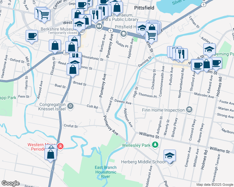 map of restaurants, bars, coffee shops, grocery stores, and more near 87 Howard Street in Pittsfield