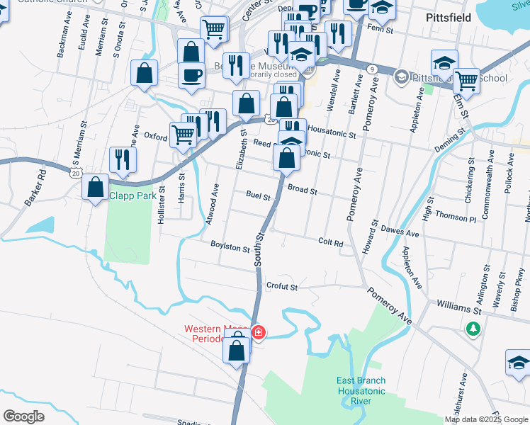 map of restaurants, bars, coffee shops, grocery stores, and more near 276 U.S. 20 in Pittsfield