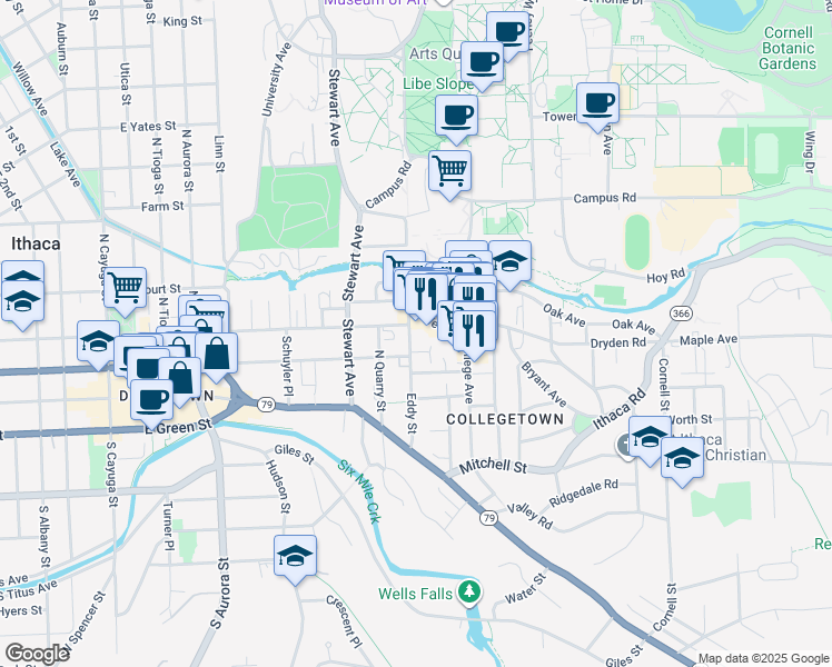 map of restaurants, bars, coffee shops, grocery stores, and more near 111 Dryden Road in Ithaca