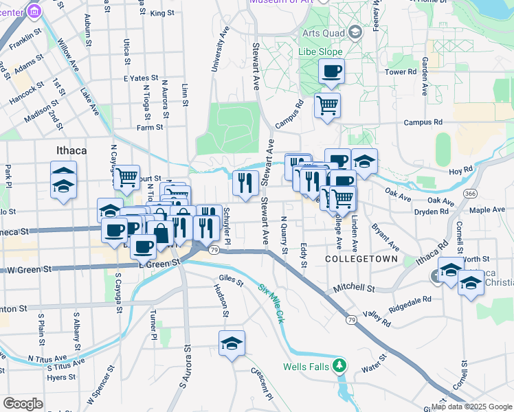 map of restaurants, bars, coffee shops, grocery stores, and more near 512 East Seneca Street in Ithaca