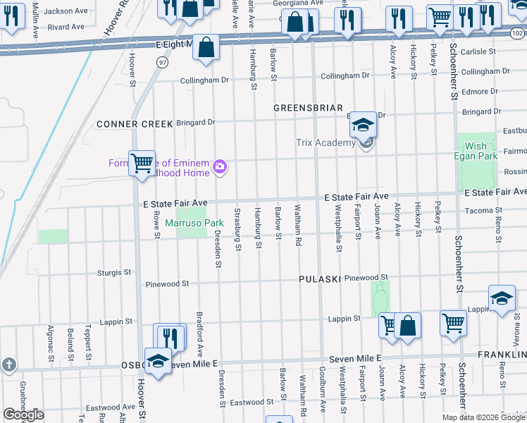map of restaurants, bars, coffee shops, grocery stores, and more near 19741 Barlow Street in Detroit
