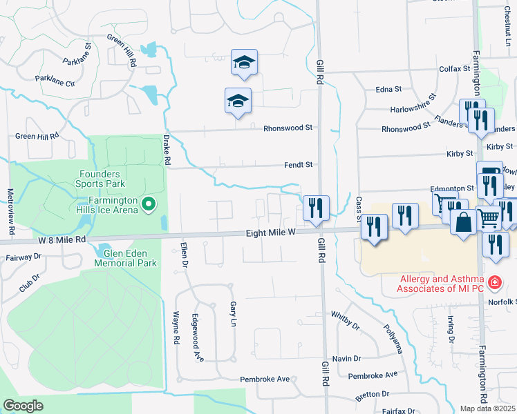 map of restaurants, bars, coffee shops, grocery stores, and more near 34820 West 8 Mile Road in Farmington Hills