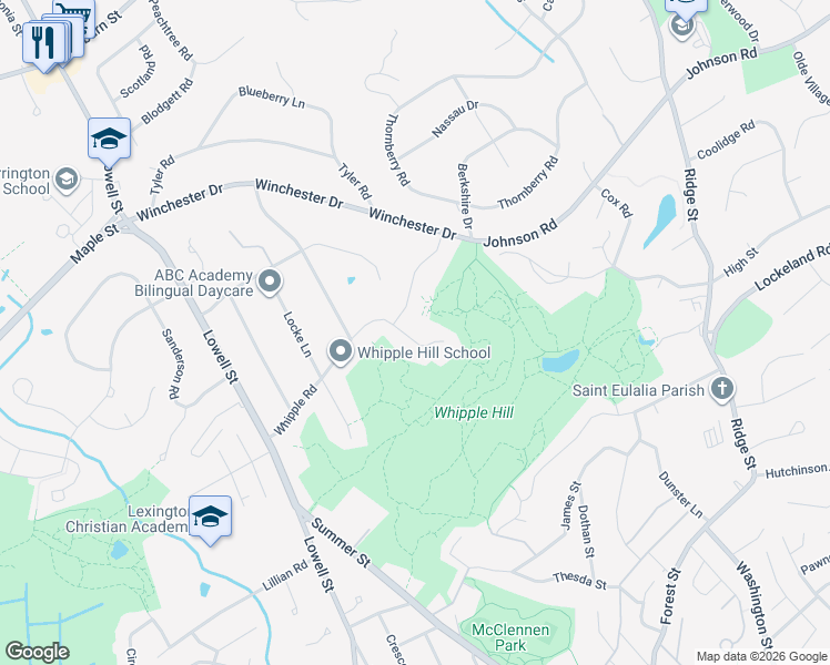 map of restaurants, bars, coffee shops, grocery stores, and more near 29 Whipple Road in Lexington
