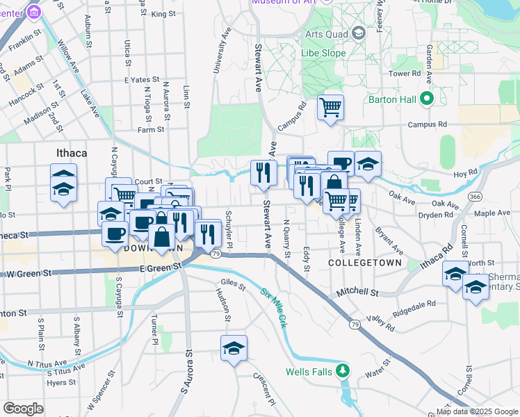 map of restaurants, bars, coffee shops, grocery stores, and more near 527 East Buffalo Street in Ithaca
