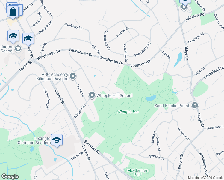 map of restaurants, bars, coffee shops, grocery stores, and more near 30 Whipple Road in Lexington