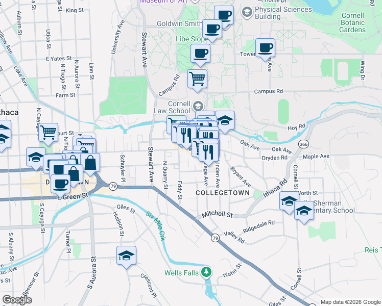 map of restaurants, bars, coffee shops, grocery stores, and more near 119 Dryden Road in Ithaca