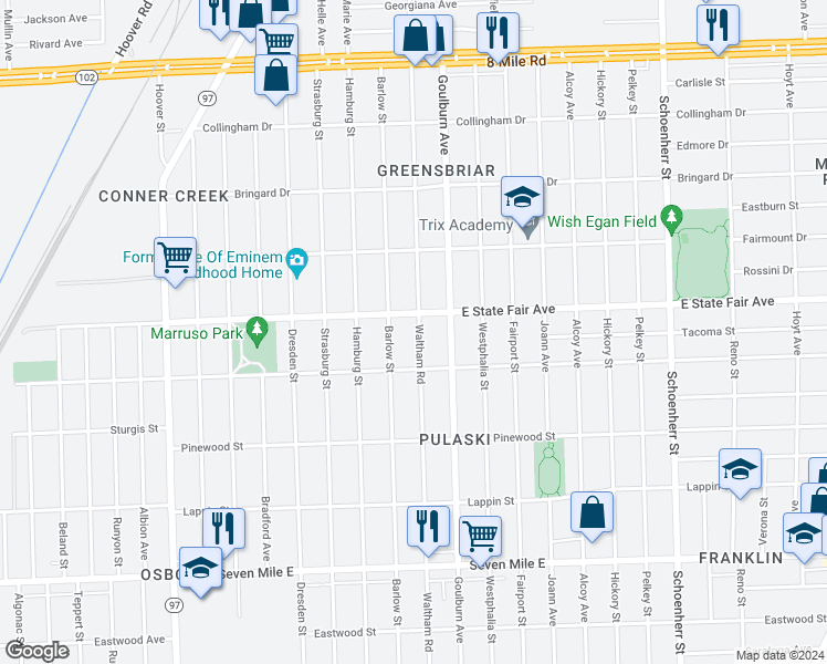 map of restaurants, bars, coffee shops, grocery stores, and more near 19771 Waltham Street in Detroit