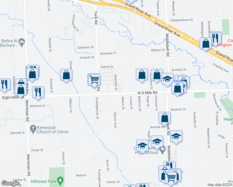 map of restaurants, bars, coffee shops, grocery stores, and more near 30042 8 Mile Road in Farmington Hills