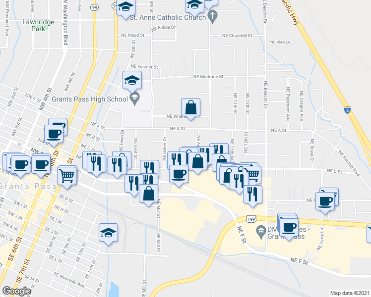 map of restaurants, bars, coffee shops, grocery stores, and more near 899 Northeast Victoria Street in Grants Pass