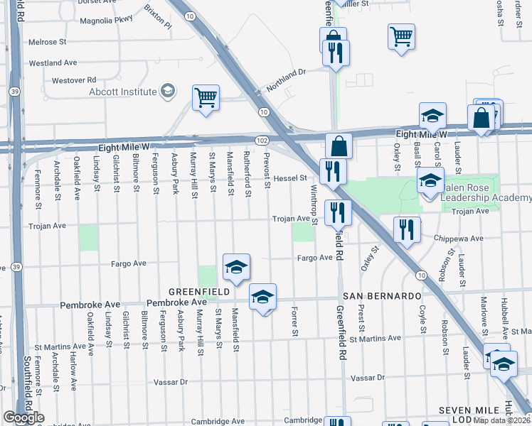 map of restaurants, bars, coffee shops, grocery stores, and more near 20111 Prevost Street in Detroit