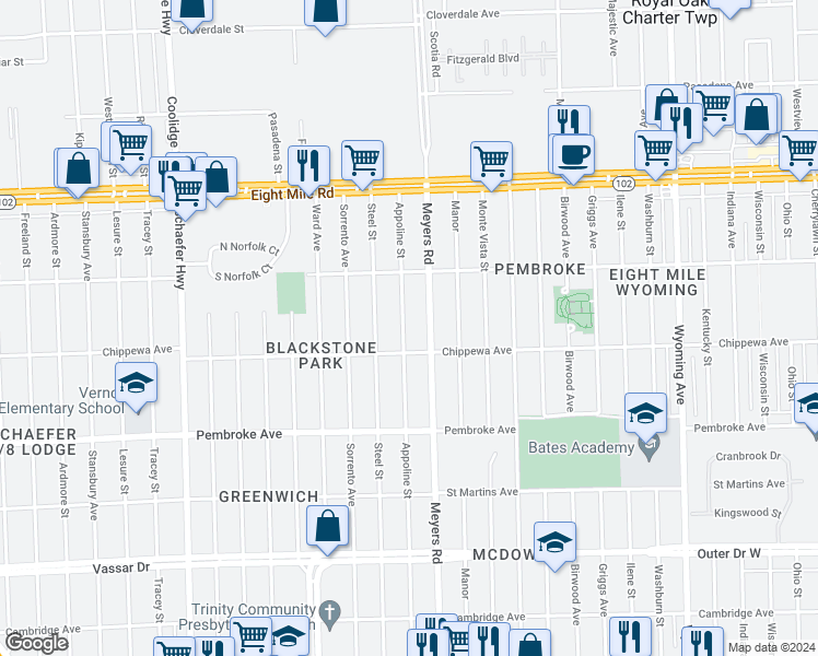 map of restaurants, bars, coffee shops, grocery stores, and more near 20146 Appoline Street in Detroit