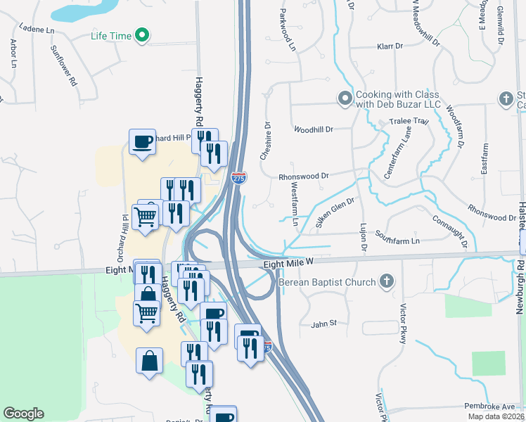 map of restaurants, bars, coffee shops, grocery stores, and more near 20998 Marshview Drive in Northville