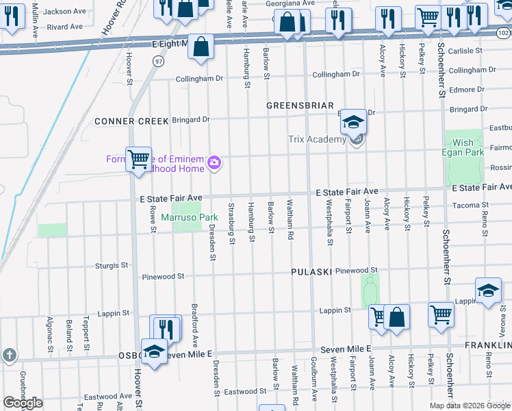 map of restaurants, bars, coffee shops, grocery stores, and more near 19741 Barlow Street in Detroit