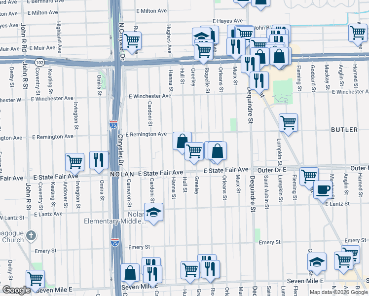 map of restaurants, bars, coffee shops, grocery stores, and more near 19976 Hanna Street in Highland Park