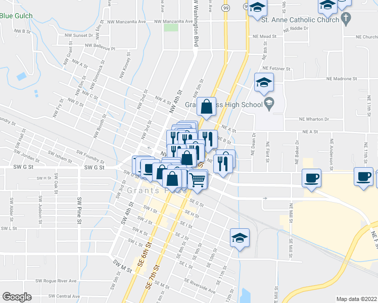 map of restaurants, bars, coffee shops, grocery stores, and more near 10 Northeast D Street in Grants Pass