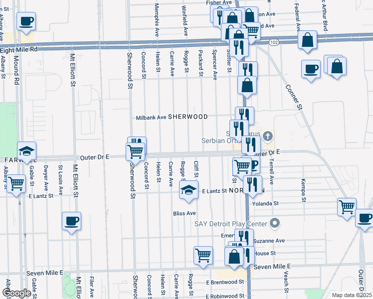 map of restaurants, bars, coffee shops, grocery stores, and more near 4247 Outer Drive East in Detroit