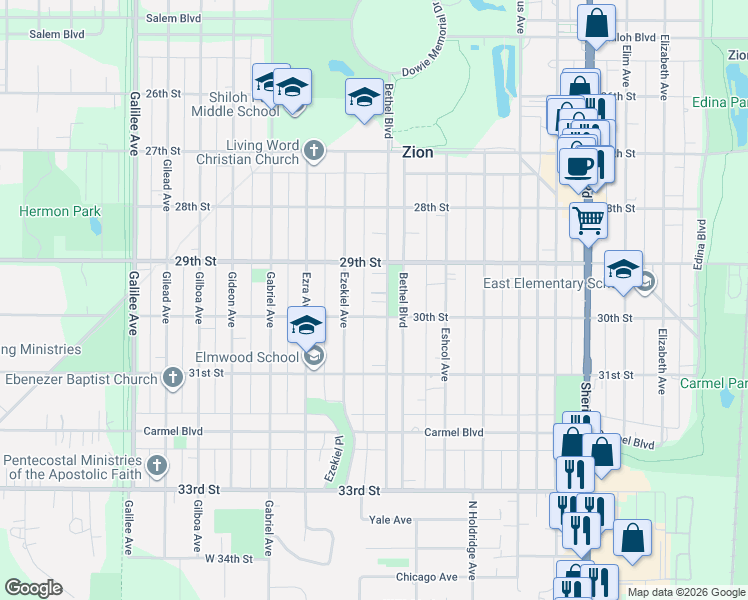 map of restaurants, bars, coffee shops, grocery stores, and more near 2921 Ezekiel Avenue in Zion