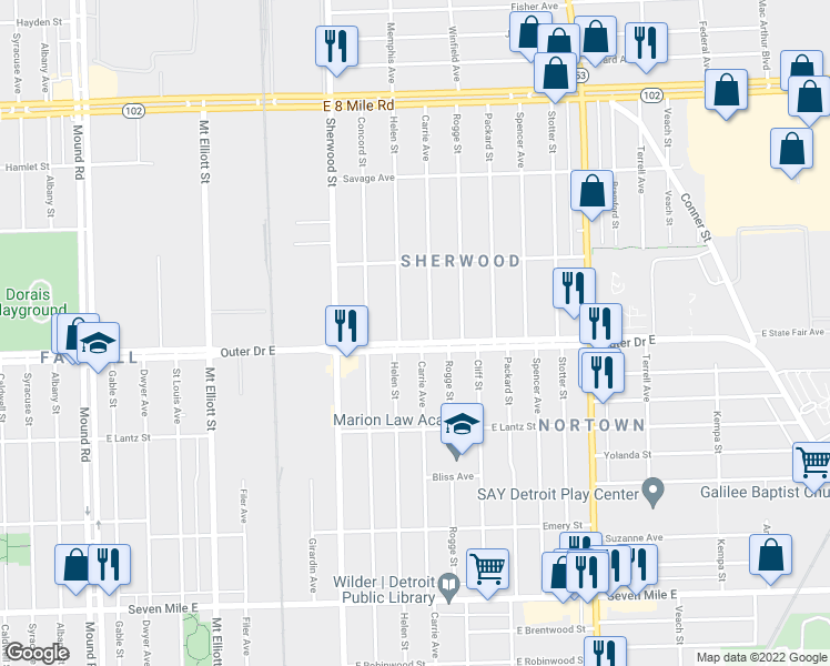 map of restaurants, bars, coffee shops, grocery stores, and more near 4151 Outer Drive East in Detroit