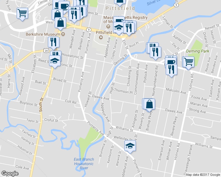 map of restaurants, bars, coffee shops, grocery stores, and more near 122 High Street in Pittsfield