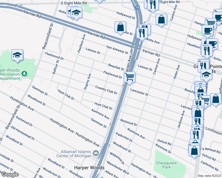 map of restaurants, bars, coffee shops, grocery stores, and more near 20624 Country Club Drive in Harper Woods