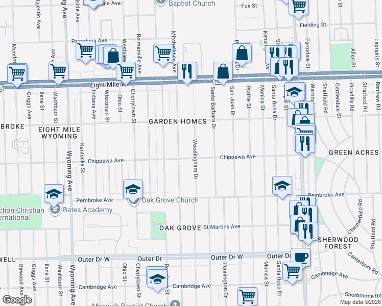 map of restaurants, bars, coffee shops, grocery stores, and more near 20065 Woodingham Drive in Detroit