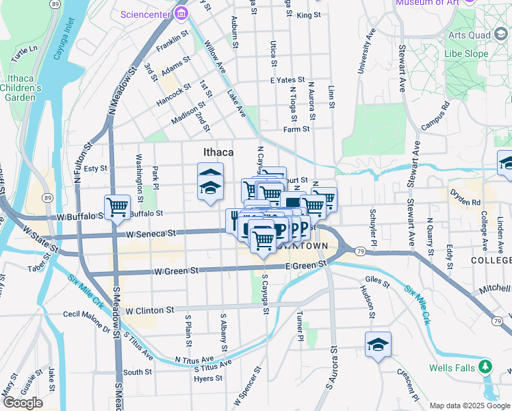 map of restaurants, bars, coffee shops, grocery stores, and more near 100 West Buffalo Street in Ithaca