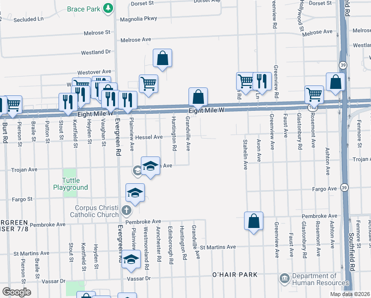 map of restaurants, bars, coffee shops, grocery stores, and more near 20237 Grandville Avenue in Detroit
