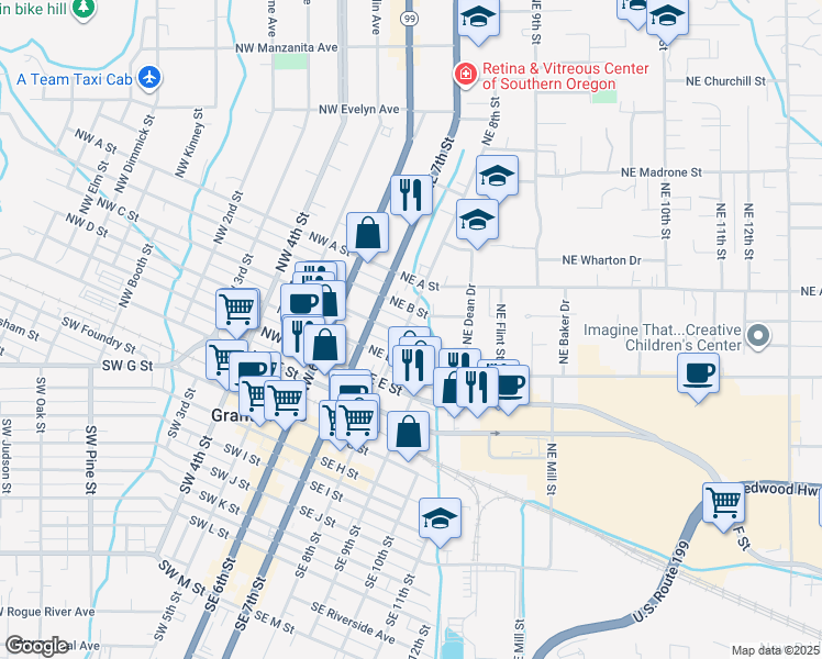 map of restaurants, bars, coffee shops, grocery stores, and more near 309 Northeast C Street in Grants Pass
