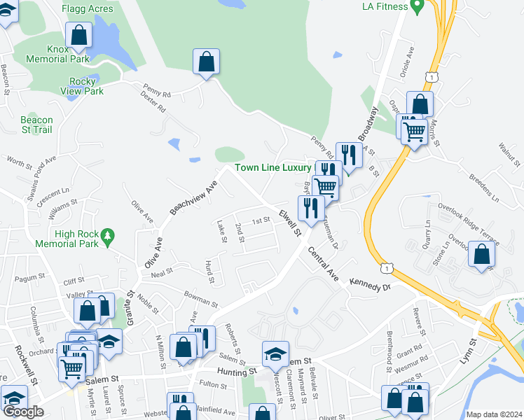 map of restaurants, bars, coffee shops, grocery stores, and more near 12 Swan Street in Malden