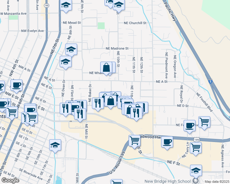map of restaurants, bars, coffee shops, grocery stores, and more near 410 Northeast Anderson Street in Grants Pass