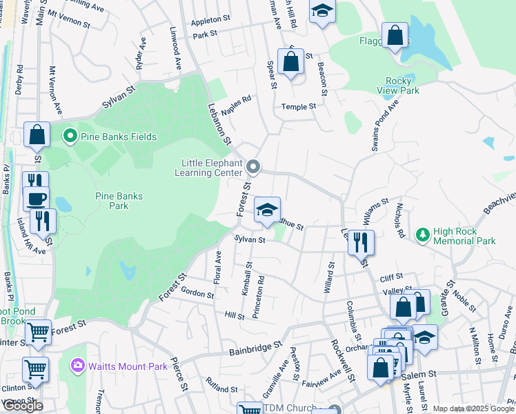 map of restaurants, bars, coffee shops, grocery stores, and more near 341 Forest Street in Malden