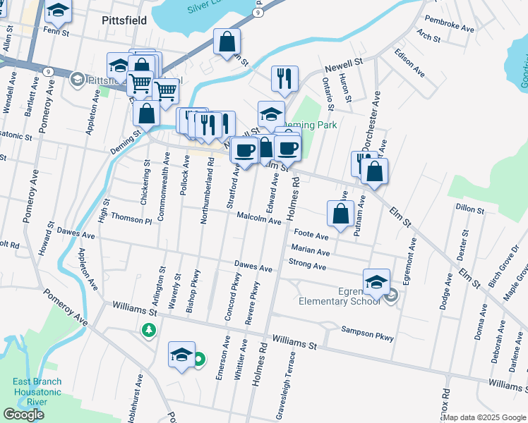 map of restaurants, bars, coffee shops, grocery stores, and more near 75 Livingston Ave in Pittsfield