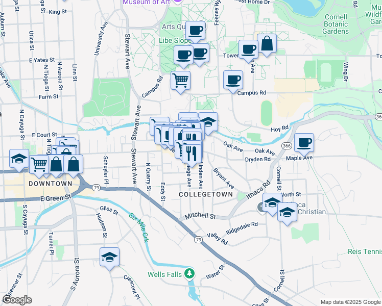 map of restaurants, bars, coffee shops, grocery stores, and more near 301 College Avenue in Ithaca