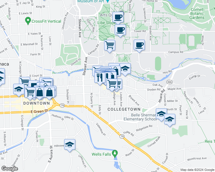 map of restaurants, bars, coffee shops, grocery stores, and more near 111 Dryden Road in Ithaca