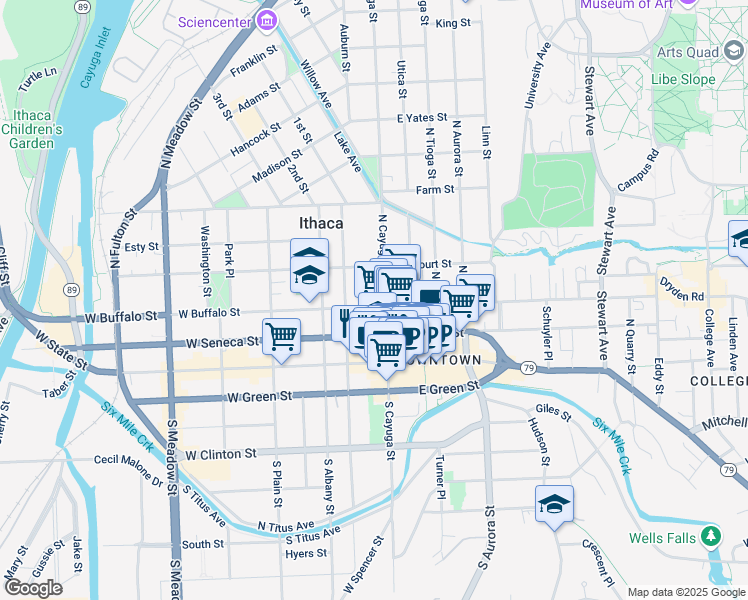 map of restaurants, bars, coffee shops, grocery stores, and more near 113-13.5 West Buffalo Street in Ithaca